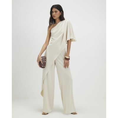 Cream One Shoulder Overlay Jumpsuit