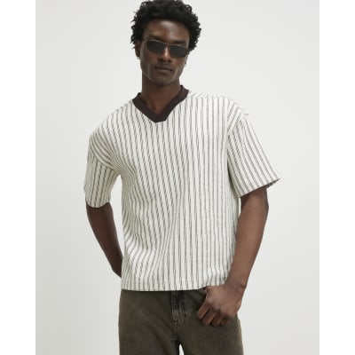 Cream Oversized Cotton V Neck Striped T-Shirt