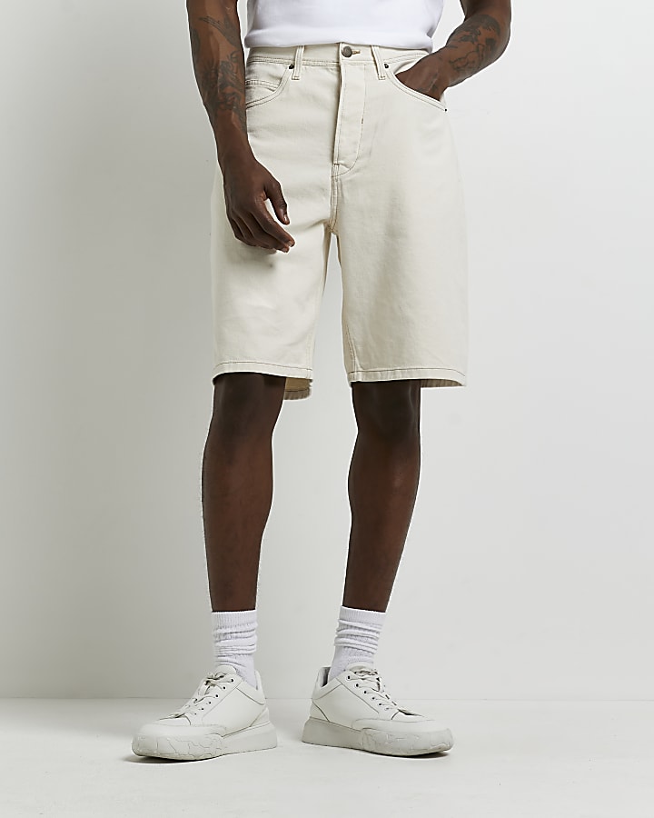 Cream oversized fit bermuda denim shorts