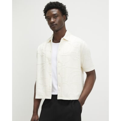 Cream Oversized Fit Geometric Textured Shirt