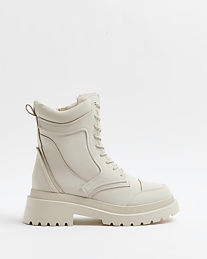 Cream padded biker ankle boots