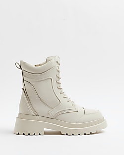 Cream padded biker ankle boots