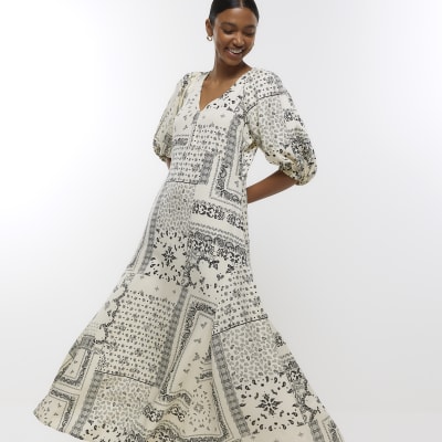 Cream paisley puff sleeve smock midi dress | River Island