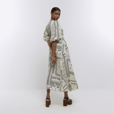 Cream paisley puff sleeve smock midi dress | River Island