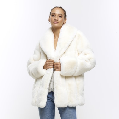 Cream panelled faux fur coat River Island