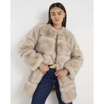 Cream Panelled Faux Fur Coat