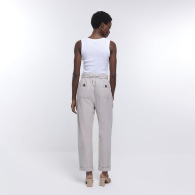 Cream paperbag slim trousers River Island