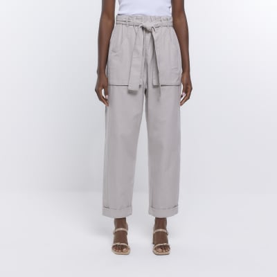 Cream paperbag slim trousers River Island