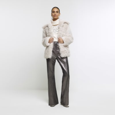 Cream patchwork faux fur coat River Island