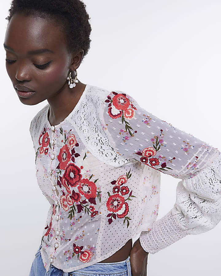 Cream patchwork floral embroidered blouse