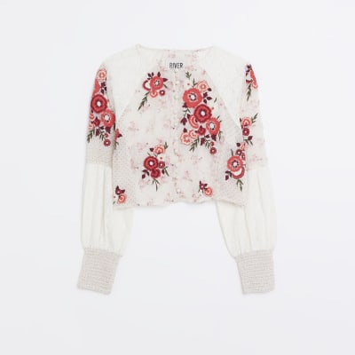 Cream patchwork floral embroidered blouse River Island