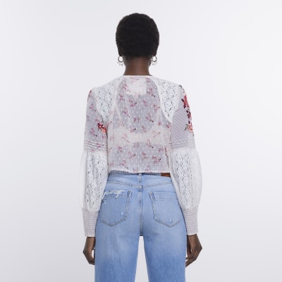 Cream patchwork floral embroidered blouse River Island