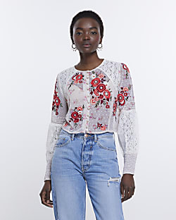 Cream patchwork floral embroidered blouse
