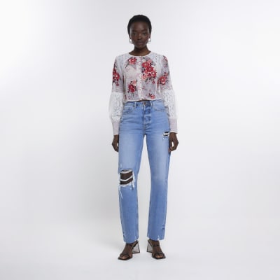 Cream patchwork floral embroidered blouse River Island
