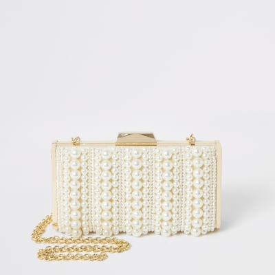 Cream pearl embellished box clutch bag River Island
