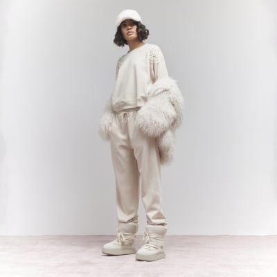 Cream Pearl Embellished Cuffed Joggers River Island