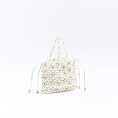 Cream pearl embellished handbag