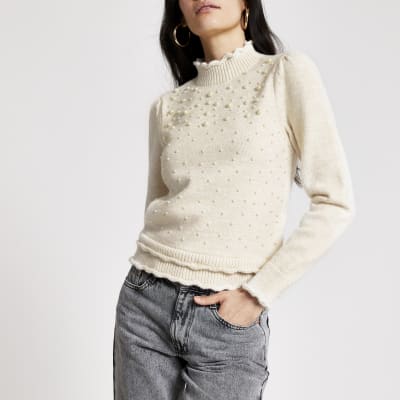 Cream pearl embellished puff sleeve jumper River Island