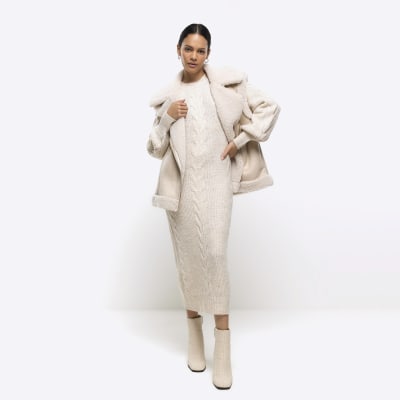 Cream plait jumper midi dress River Island