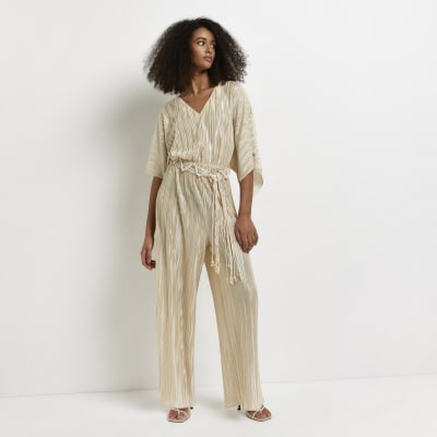 Cream plisse belted jumpsuit River Island
