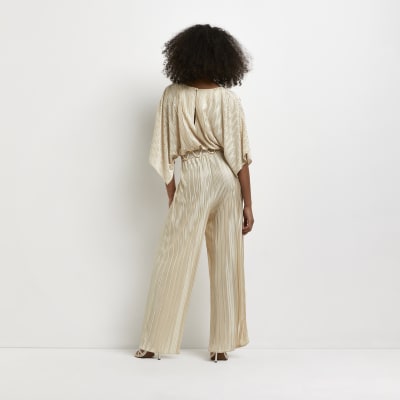 Cream plisse belted jumpsuit River Island