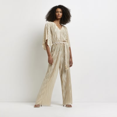 Cream plisse belted jumpsuit River Island