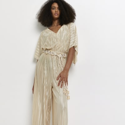 Cream plisse belted jumpsuit River Island