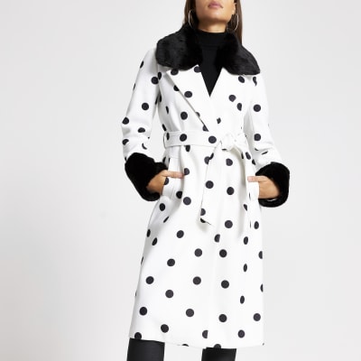 Cream polka dot faux fur trim robe coat