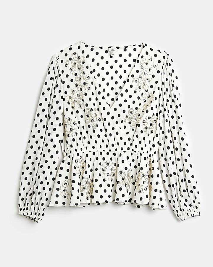 Cream polka dot sequin embellished top