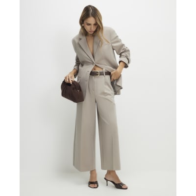 Cream Premium Cropped Wide Leg Trousers
