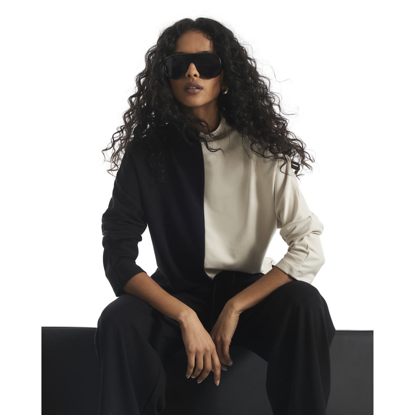 River Island Cream Premium Long Sleeve Colour Block Top — photo 1 of 1