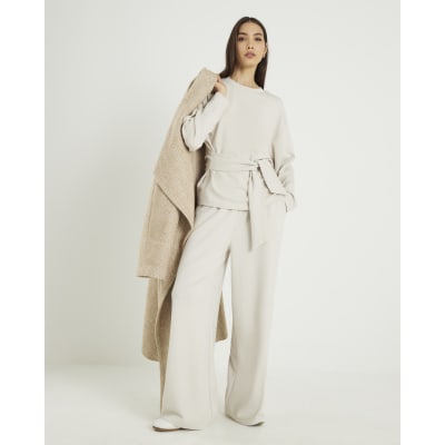 Cream Premium Long Sleeve Tie Front Top