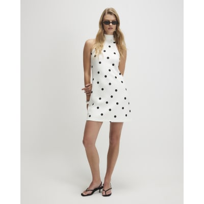 white dress with black spots Strapless Polka Dot Drop Waist Gown for Women | White/Black | Size: L main image 0