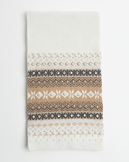 Cream print embellished scarf