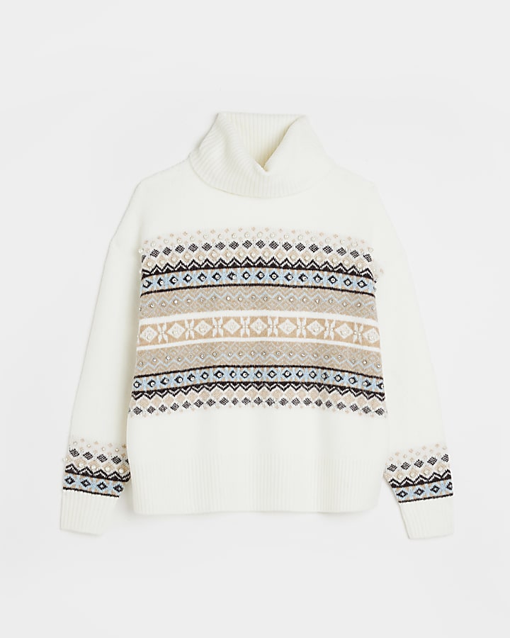 Cream print knit embellished jumper