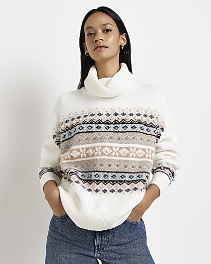 Cream print knit embellished jumper