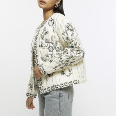 Cream quilted embroidered floral jacket River Island