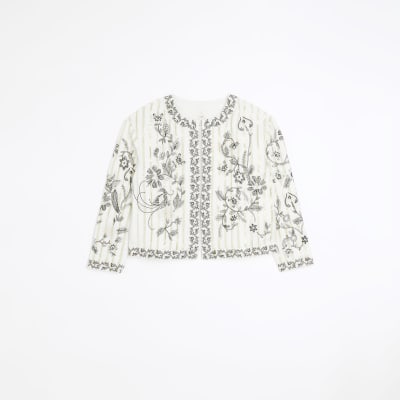 Cream quilted embroidered floral jacket | River Island