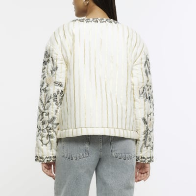 Cream quilted embroidered floral jacket River Island
