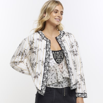 Cream quilted floral jacket River Island