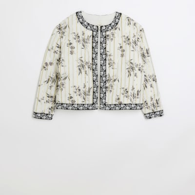 Cream quilted floral jacket River Island