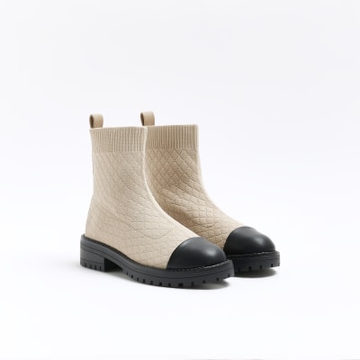 Cream quilted sock boots River Island