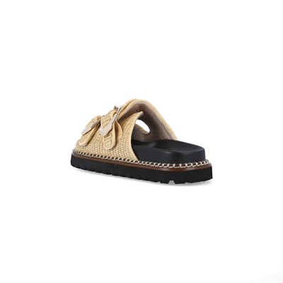 Cream raffia double buckle sliders