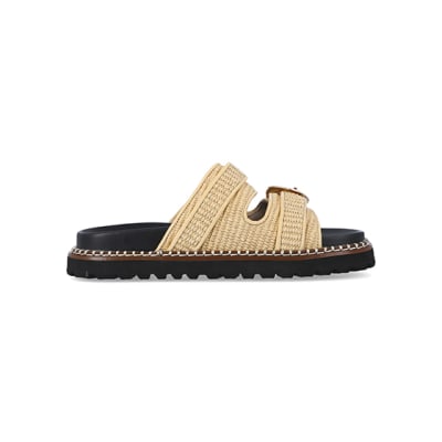 Cream raffia double buckle sliders | River Island