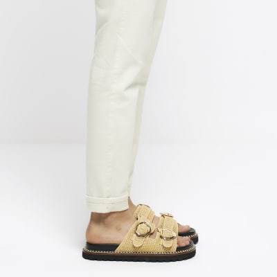 River Island Cream Raffia Double Buckle Sliders in White