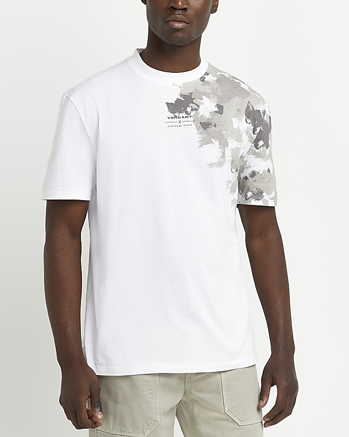 Cream regular fit camo print t-shirt