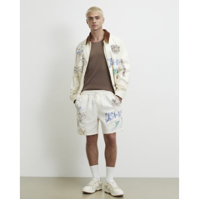 Cream Regular Fit Cotton Panama Print Shorts