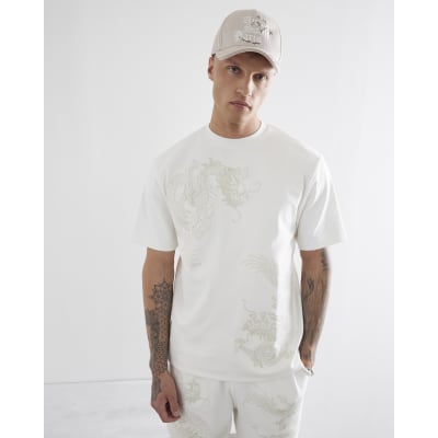 Cream Regular Fit Dragon Embroidered T-Shirt