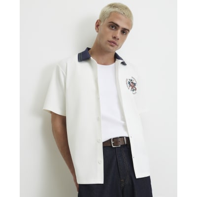 Cream Regular Fit Embroidered Flower Shirt
