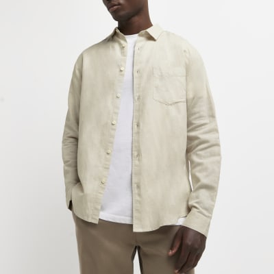 Cream regular fit linen long sleeve shirt | River Island
